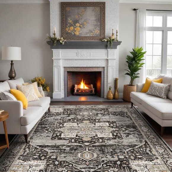 New 8x10 Black Vintage Rug, Washable Stain-Resistant Non-Slip Carpet for Home